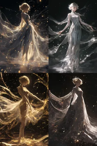 ethereal digital painting, an elegant full-body silhouette, ash-blonde short hair, wearing a slimming grey dress, arms gently spread. adorned with starlight, a veil floats around her. traditional chinese ink painting aesthetics, with soft diffusion and wet-on-wet effects, a hazy atmosphere, with a deep black background highlighting the elegant silhouette. serene, poetic, stunning, style inspired by benjamin zhang and wlop.