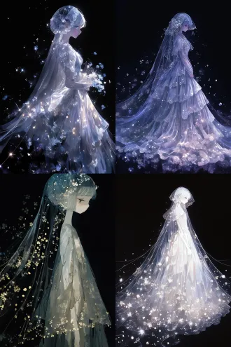 在黑丝绒背景中央，少女背影亭亭玉立。她身穿一袭如花瓣悄然绽放的修身a摆裙，层叠的薄雾轻纱勾勒出柔美的轮廓。灰蓝色长发，透明头纱上的细钻如露珠闪烁。整体色彩柔和，充满甜美梦幻的仙气。