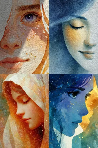 静谧的唯美主义风格，发光的透明水彩，极致细腻的笔触。 画面是一位女神与一只林精的亲密特写。女神的面容宁静慈爱，眼眸中映着微光，她由 #dac2c6 (薄紫) 与 #a0d0c0 (琉璃色) 的透明水彩层层晕染而成，肌肤下透着柔和的光晕。林精的绒毛根根可见，闪烁着 #e8d078 (浅金) 的星点。背景是均匀弥散的 #f0f0cb (柔光奶油黄)，没有任何杂乱的笔触。整体氛围纯净、空灵，充满了温暖的慰藉与神圣的静谧。