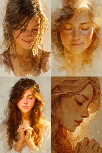a serene and beautifulist style, glowing watercolor, with the most delicate brushstrokes. a goddess is gently closing her eyes at the center of the painting, her mouth curved in a loving smile, as she prays with devotion. her face is serene, her skin radiating a soft glow in the color #f8f6e8 (warm beige), and her long hair cascades down like flowing water. she emits a warm light in the color #e8d078 (light gold), as if she were a source of light herself. several small angels are not depicted as tangible forms but are composed of light points and soft light spots in the colors #a0d0c0 (jasmine) and #f7b3c8 (light pink), swirling around her like breath. the background is a uniformly diffused #f0f0cb (soft cream yellow), creating an ethereal, sacred atmosphere filled with profound tranquility and divine comfort.