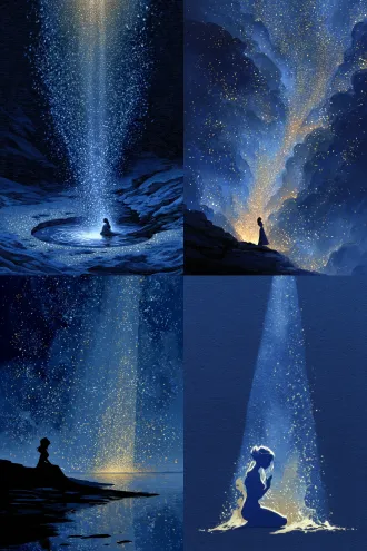 宏大而静谧的场景，发光透明水彩，诗意扁平风。 在无垠的 #11333d (墨蓝) 夜空中，一道柔和的 #e8d078 (金色) 光柱从上方落下，笼罩着一位闭眼祈祷的女神。她是画面的唯一焦点，面容安详。无数微小的光点天使，如同被磁力吸引的星辰，构成一个巨大的光环，在她周围缓缓盘旋、飞舞。整个场景构图平衡，色彩纯净，充满了神圣的仪式感与永恒的宁静