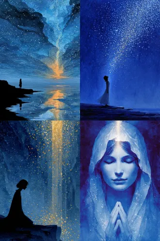 a grand and serene scene, luminous watercolor, poetic flat style. in the boundless #11333d (ink blue) night sky, a soft #e8d078 (golden) beam of light descends from above, enveloping a goddess in prayer with her eyes closed. she is the sole focus of the image, her expression serene. countless tiny light-pointed angels, like stars attracted by magnetism, form a vast halo that slowly circles and dances around her. the entire scene is compositionally balanced, with pure colors, brimming with a sense of sacred ritual and eternal tranquility.