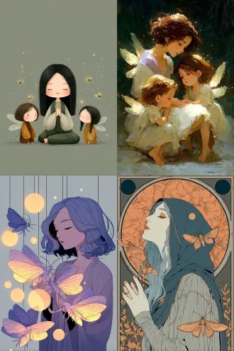 delicate healing-themed illustrations, softist light, exquisite details. a goddess with closed eyes and a smile is praying in a gentle aura, wearing a light, flowing robe in #dac2c6 (light purple). three cute, small angels surround her, their wings as delicate as cicada wings, with fine textures and emitting a faint glow of #a0d0c0 (lapis lazuli). they curiously touch the goddess's hair tips and fingertips, their interaction full of warmth. both the goddess and the angels are bathed in soft light, with a gentle #ddead0 (light gray-green) background, creating a sense of intimate guardianship and warm healing power.