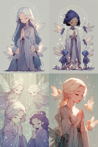 细腻的治愈系插画，柔和主义光线，精致细节。 一位闭眼微笑的女神在柔和的光晕中祈祷，她身着 #dac2c6 (薄紫) 的轻盈长袍。三位小巧可爱的天使环绕着她，天使的翅膀薄如蝉翼，纹理细腻，散发着 #a0d0c0 (琉璃色) 的微光。她们好奇地触碰女神的发梢与指尖，互动充满温情。女神与天使的轮廓都沐浴在柔光中，背景是柔和的 #ddead0 (浅灰绿)，画面充满了亲密的守护感与温暖的治愈力。