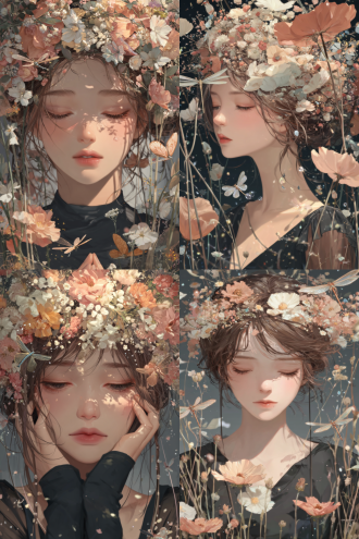 极致细腻的博物插画风格，水彩与矿物颜料。 女神闭目微笑祈祷，面容宁静。她的头部环绕着一个由自然元素构成的光环：三只仅指甲盖大小的天使，拥有蜻蜓般的透明翅膀，正在花丛间嬉戏。她们由 #e8d078 (浅金) 的细光勾勒，身边点缀着 #a0d0c0 (琉璃色) 的露珠与 #f7b3c8 (浅樱粉) 的微型花朵，共同编织成一顶正在缓慢旋转的鲜活花冠，悬浮于女神发间。