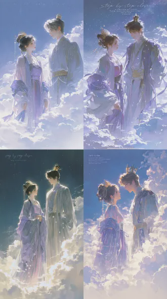 minimalist art poster; core: thick oil painting with light colors, technique: stream-of-consciousness abstract expression, diffused gradient wash, sandpaper grain texture + subtle shimmering pearl effect, texture reflection + refractive light and shadow; color: low saturation light blue dominant tone, with bright colors dotted locally; visual: hazy and dreamy, strong sense of light and shadow layers, dreamy light and shadow diffusion, cinematic texture; atmosphere: lonely world, elegant and romantic, sophisticated; style: combines storytelling and design sense, rich artistic atmosphere; fu xi and nuwa stand facing each other in the cosmic starry sky, shoulder to shoulder towering above the surging sea of clouds, with mist swirling around their feet like waves and tides. nuwa: her dark, lustrous hair is styled into a towering tang dynasty side bun, adorned with a "step by step closer" golden crown and several drooping pearl tassels. she wears a tang-style qipao with a light purple main color. the upper part is a semi- pinkish purple gradient tunic, the lower skirt is a light purple tulle interlaced with vertical stripes of lavender purple, lilac purple, and lotus root purple, covered with a light ecru organza robe with wide sleeves. she shoulders a light purple shawl woven with silver thread clouds. her face is plump, and her skin is smooth. fu xi: he wears a robe in light gray blue and gray white tones, adorned with reserved pearl bead patterns and gold-threaded tang dynasty grass embroidery. his waist is belted with a jade-inlaid light gold belt, and he wears a dark silk jade crown. his face is heroic, and his skin is warm. the vast milky white sea of clouds stretches beneath their feet, flowing and forming soft undulations and whirlpools.