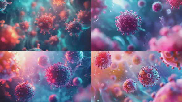 子宫细胞与hpv病毒对战，对称布局，微观世界，冷色调，微距镜头，顶光，激战，细胞病毒元素，紧张氛围。