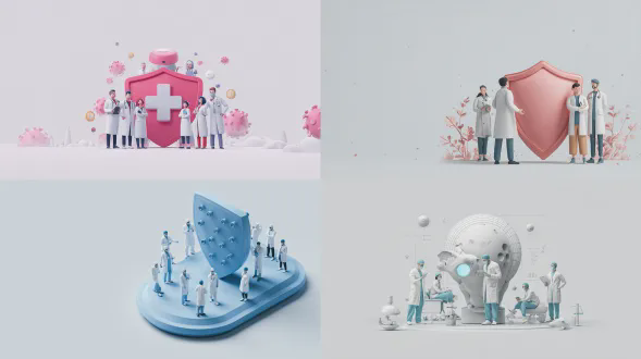 海报设计，手持护盾宫颈模型，周围医生环绕，扁平插画，白背景左留白，3d磨砂透明质感，科技风，合理构图。