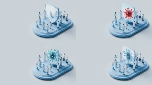 海报设计，手持护盾宫颈模型，周围医生环绕，扁平插画，白背景左留白，3d磨砂透明质感，科技风，合理构图。