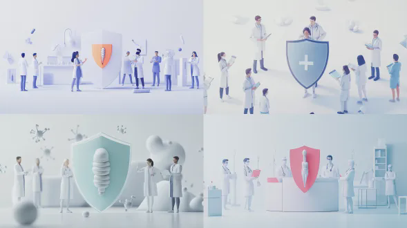 海报设计，宫颈模型持透明护盾，医生环绕，扁平插画，白背景左留白，3d磨砂透明质感，科技风，合理构图，顶光。