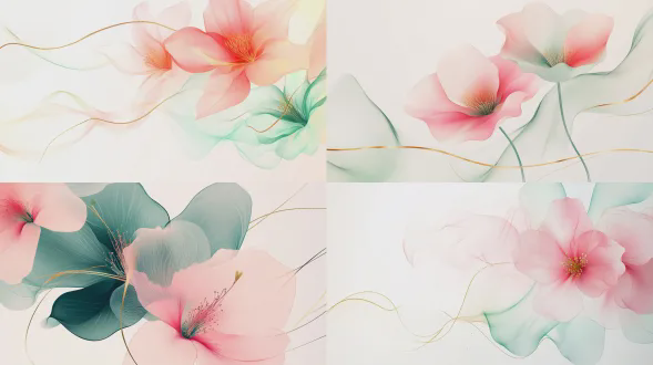 矢量插画，抽象线条与曲面线条，纯白色背景，极简主义，超现实派，大师构图，画面中央是粉色和绿色渐变花朵优雅盛开，金色曲线装饰，现代无衬线字体排版，高清画质，柔美色块，先锋艺术，极简海报，温暖色彩搭配，富有生命力。