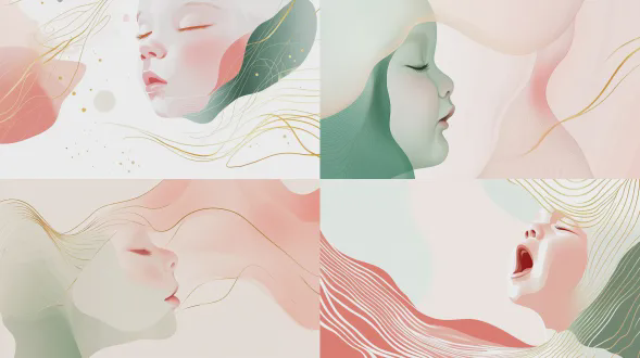 矢量插画，抽象线条与曲面，极简主义构图，纯白色背景，中央婴儿啼哭，粉色与绿色渐变优雅盛开，金色曲线装饰，温暖配色，现代无衬线字体，高清画质，先锋艺术风格，超现实派，简约海报，柔美色块，生命力，希望主题，大师级平面设计。