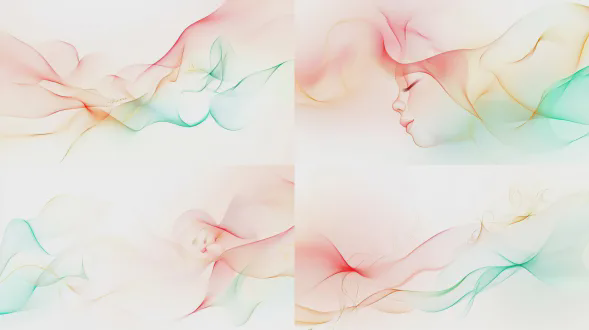 矢量插画，抽象线条与曲面，柔美粉色绿色渐变色块，白色背景，极简主义，超现实构图，高清画质，大师构图，中央婴儿啼哭，优雅盛开效果，金色曲线装饰，温暖色彩搭配，现代无衬线字体，简约而富有生命力，先锋艺术，极简海报风格。