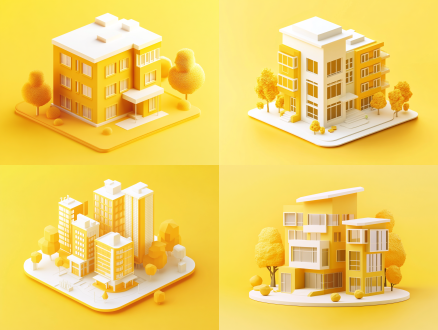 2.5d建筑，儒房地产logo，黄色主调，立体卡通风格，俯视角度，明亮柔和光线，简约现代设计，几何形状，高饱和度，品牌标识突出，色彩鲜明，平面阴影效果，商业插画风，矢量感，无景深，温暖色调，光滑材质，视觉冲击力强。