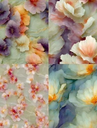 无缝四方连续面料印花，抽象大朵花卉，酒精墨水流体水彩，通透晕染渐变，花瓣边缘鎏金细金箔勾边，金粉花蕊，朦胧柔和质感，色彩自然融合，虚实层次，背景浅底色，高清，面料花型，无硬轮廓，水彩泼墨肌理，柔和光影。