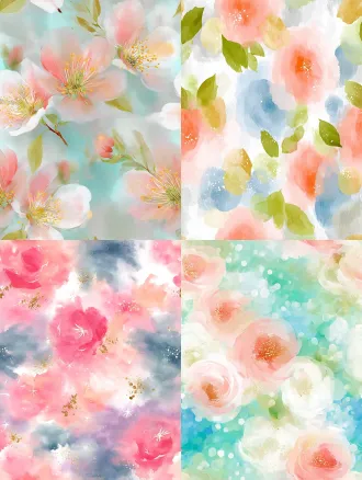 主体清晰、背景朦胧虚化、柔和光斑水痕、春夏清爽、适合女装印花，无缝四方连续。