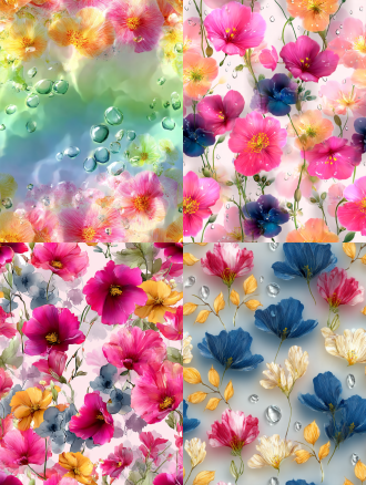 主体清晰、背景朦胧虚化、柔和光斑水痕、春夏清爽、适合女装印花，无缝四方连续。