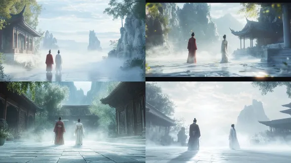 真实照片效果，电影实拍质感，8k 超高清，16:9 宽幅，全景，人物完整显示，人物脚下烟雾缭绕。朦胧白玉幻化的幻影幻境空间，整体环境由半透明白色玉石构成，玉石微光缓缓流淌。二人面对面遥遥相望，神色疏离，眼神带着不解，中间留有空间间隔。左侧人物，头戴宋代官帽，身着红色北宋官袍，身体站直，面向画面右侧。图右侧人物穿着素白文人长袍，面向画面右侧。画面右侧背景是白玉石雕琢而成的山石、古松树。画面左侧背景是白玉石幻化的江南古典庭院，太湖石、亭台楼阁、翠竹、荷花（背景里所有元素都是白玉的），梦幻效果，人物脚下弥漫着烟雾，柔光，。柔和温润的漫射柔光，玉石表面有细腻通透的玉质光泽，淡淡的薄雾弥漫，极浅景深，电影布光，低对比度，细节丰富，皮肤质感真实，衣物布料纹理写实，唯美国风，清幽静谧，仙气缥缈，安宁悠远，低饱和度，电影级质感，30% 暖光，70% 冷白光，16:9。纪实写实风格；真实自然的色调，电影感但自然的对比度；照片级真实感，无 cgi 渲染，摄影质感，去油光，去 cg 感，16:9