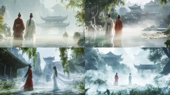 真实照片效果，电影实拍质感，8k 超高清，16:9 宽幅，全景，人物完整显示，人物脚下烟雾缭绕。朦胧白玉幻化的幻影幻境空间，整体环境由半透明白色玉石构成，玉石微光缓缓流淌。二人面对面遥遥相望，神色疏离，眼神带着不解，中间留有空间间隔。左侧人物，头戴宋代官帽，身着红色北宋官袍，身体站直，面向画面右侧。图右侧人物穿着素白文人长袍，面向画面右侧。画面右侧背景是白玉石雕琢而成的山石、古松树。画面左侧背景是白玉石幻化的江南古典庭院，太湖石、亭台楼阁、翠竹、荷花（背景里所有元素都是白玉的），梦幻效果，人物脚下弥漫着烟雾，柔光，。柔和温润的漫射柔光，玉石表面有细腻通透的玉质光泽，淡淡的薄雾弥漫，极浅景深，电影布光，低对比度，细节丰富，皮肤质感真实，衣物布料纹理写实，唯美国风，清幽静谧，仙气缥缈，安宁悠远，低饱和度，电影级质感，30% 暖光，70% 冷白光，16:9。纪实写实风格；真实自然的色调，电影感但自然的对比度；照片级真实感，无 cgi 渲染，摄影质感，去油光，去 cg 感，16:9