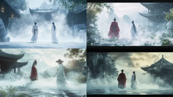 真实照片效果，电影实拍质感，8k 超高清，16:9 宽幅，全景，人物完整显示，人物脚下烟雾缭绕。朦胧白玉幻化的幻影幻境空间，整体环境由半透明白色玉石构成，玉石微光缓缓流淌。二人面对面遥遥相望，神色疏离，眼神带着不解，中间留有空间间隔。左侧人物，头戴宋代官帽，身着红色北宋官袍，身体站直，面向画面右侧。图右侧人物穿着素白文人长袍，面向画面右侧。画面右侧背景是白玉石雕琢而成的山石、古松树。画面左侧背景是白玉石幻化的江南古典庭院，太湖石、亭台楼阁、翠竹、荷花（背景里所有元素都是白玉的），梦幻效果，人物脚下弥漫着烟雾，柔光，。柔和温润的漫射柔光，玉石表面有细腻通透的玉质光泽，淡淡的薄雾弥漫，极浅景深，电影布光，低对比度，细节丰富，皮肤质感真实，衣物布料纹理写实，唯美国风，清幽静谧，仙气缥缈，安宁悠远，低饱和度，电影级质感，30% 暖光，70% 冷白光，16:9。纪实写实风格；真实自然的色调，电影感但自然的对比度；照片级真实感，无 cgi 渲染，摄影质感，去油光，去 cg 感，16:9