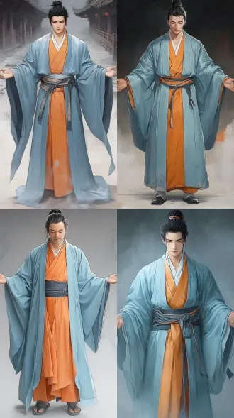 这个图片中的男子，外边穿的是青蓝色的长服，里面的衣服是橙色的，这个图片袖子有点问题，重新生成一下