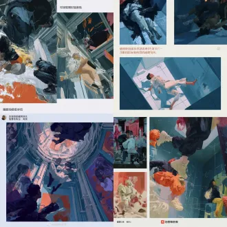 帮我创作出几张图片，可以大概参考下图。但是不能一样。内容以打破物理重力，或者人物、道具打破常规地理环境，呈现矛盾意向。人物为主要表现对象，置身于空间场景当中，人物形象鲜明，结构准确，要求科技感不要太强，场景就像居于现实室内场景当中，整幅画面视觉感染力强，色彩搭配和谐
