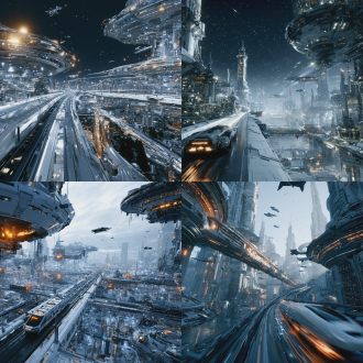 未来星际都市，对角线构图，银白主调，暖冷光交织，广角镜头，侧光，轨道车穿梭，飞船往来，科幻氛围，16:9 摄影级纪实。