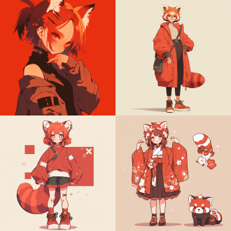 少女穿着小熊猫元素的现代风格、爱豆元素服装、红棕配色