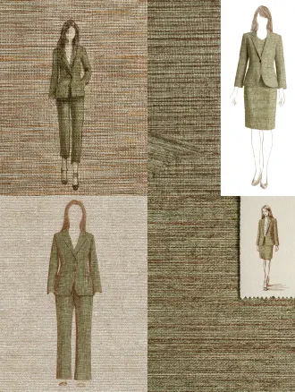 时装设计效果图，手绘服装设计图，要求绘画手法成熟，要求绘画主体层次分明，画面清晰，风格为都市女性风，，一名中国女性长发模特，里面穿着一件不规则下摆的绿色连衣裙，外面穿着一件女式设计感西装，脚踩一双适配高跟鞋，内搭连衣裙面料色彩参考图1，要求裙摆呈现不规则设计，色彩为绿色，裙子面料质感参考图片1，外搭的西装面料色彩与质感参考图片2，要求整体有设计感，西装为黄色棕色条纹面料具体参考图片2