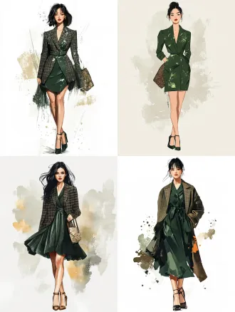 时装设计效果图，手绘服装设计图，板绘绘画效果，时装绘画技法，要求绘画手法成熟，要求绘画主体层次分明，画面清晰，风格为成熟御姐风，主色彩为灰绿色和棕杂色，画面主题为一个黑色长发清冷御姐站在画面中央，穿着一件不规则下摆的绿色连衣裙，外面披着一件女式设计感西装，脚踩一双适配高跟鞋，连衣裙要求裙摆呈现不规则设计色彩为绿色裙子面料质感具体表现为灰绿色混色亚麻肌理，竖条杂色竹节麻质感，西装要求为女款设计感西装面料色彩与质感为哈里斯花呢 harris tweed，棕杂色人字纹鱼骨纹粗纺羊毛花呢，带彩色细小麻点杂粒，手上拎着一个很有设计感的包包符合成熟御姐的风格，要求整体有设计感，整体风格为早秋穿搭显得模特很有气质，都市白领氛围感，要求画面背景为白色