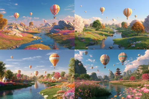 春天大自然风景，大片绿色草地，蔚蓝天空，蜿蜒小河流，五彩斑斓花草树木，橙色白色相间热气球漂浮，小亭子建筑点缀，水面倒影清晰，明亮自然光线，c4d风格3d渲染，超高清8k，广角镜头，低角度拍摄，柔和的晨光，温暖色调，宁静祥和氛围，细节丰富，生动逼真。