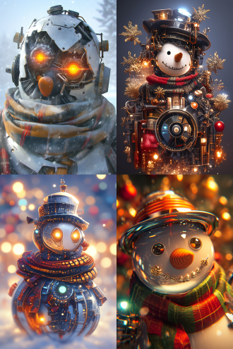 金属雪人，c4d风格，oc渲染，银色圣诞背景，科技感，机械零件构成，发光电子元件眼睛，能量管鼻子，彩色围巾，高光金属质感，冷色调，未来感，圣诞元素，对称构图，点光源，环境光，3d渲染，细节丰富，工业风，节日氛围，科幻与传统碰撞。