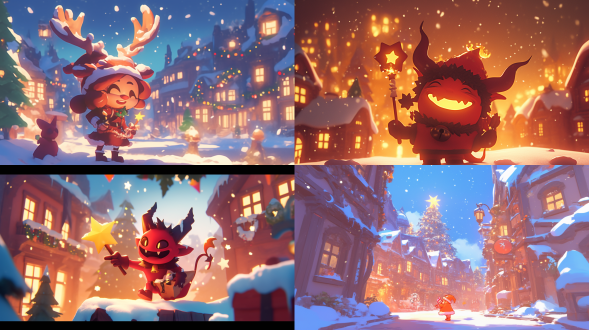 "红皮小恶魔，圣诞服饰，发光星星圣诞帽，星星魔法棒，白雪覆盖街道，圣诞小镇，彩灯装饰，圣诞树，温馨小屋，飘雪，c4d风格，卡通渲染，暖色调灯光，梦幻欢乐，广角镜头，柔光，高饱和度，细节精致，动态雪花，微笑表情，喜庆氛围。"