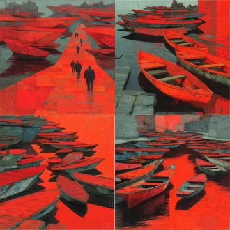 以红色作为主题画面，主角是很多红船，丰富的红色，色彩浓郁，形式感强，