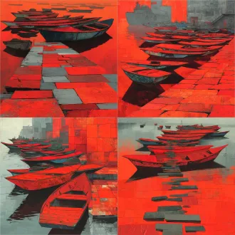 以红色作为主题画面，主角是很多红船，丰富的红色，色彩浓郁，形式感强，