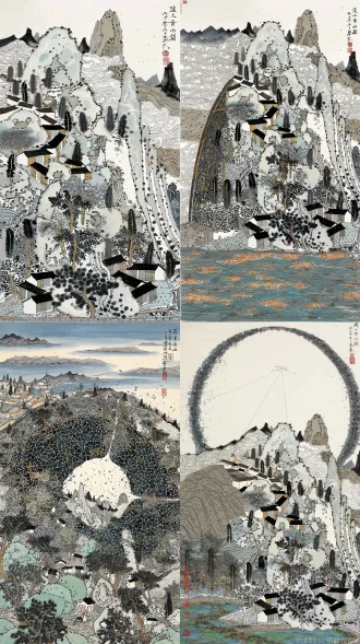 山水画，多边形构图，构图接近悠悠曲线条，三三角形构图，拱形构图，半圆形构图