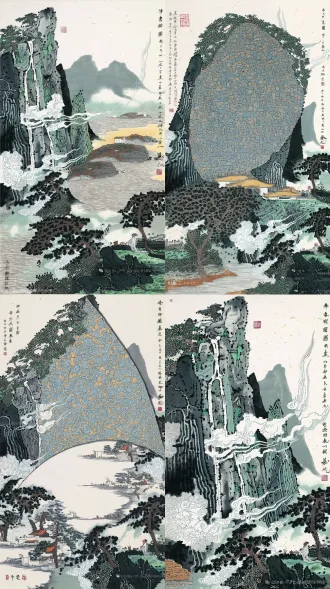 山水画，多边形构图，构图外形接近悠悠曲线条，三角形构图，拱形构图，半圆形构图，构成式构图构成感和形式感特强