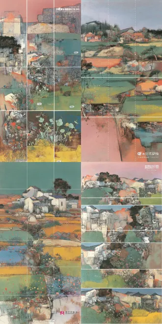横式多联幅构图，山水画，粉绿色，草绿，黄色，，绝对不出现人物，多样化构图，浓郁厚重有点，线，面，结合的元素点辍，全方位参考构图。