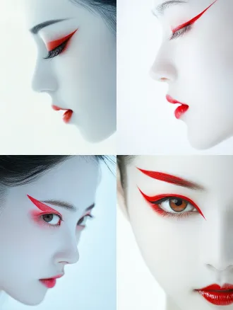 日本艺妓脸，白底，细腻的红色眼线，绘画，柔和的光线照在眼睛上，超高清