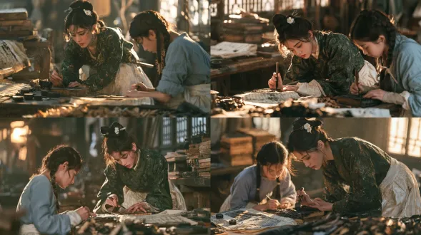 南宋两浙东路婺州金华，电影写实，16:9。2 名绝美汉族少女，关系师徒。师傅少女约二十四岁，文雅娴静，精致五官，白皙肌肤，灵动大眼，樱桃小嘴，自然红晕，乌黑长发高束垂髻，玉簪点缀，簪素白梨花，穿墨绿暗纹罗褙子，米白罗裙，衣袂飘飘。学徒少女约十六岁，眉眼聪慧，梳双鬟髻，素绳束发，穿浅青布衫素罗裙。身份雕版书坊刻字女。驱动元素婺学文稿。动作师傅俯身持刻刀修整梨木版笔画，学徒俯身执刀刻写小字，肩头微微下沉。表情师傅凝神蹙眉细观版面，学徒屏气凝神。场景城内雕版书坊，木刻工作台，堆叠梨木坯板，摊开婺学文稿。街巷步辇。物产梨木雕版，墨锭，雕版刻刀。前景堆叠作废木刻残片。光线窗棂透入柔和夕照金光，桌面浮尘浮动。色彩梨木暖黄，墨色沉黑，罗衫墨绿浅青。材质梨木板材，钢铁刻刀，宣纸，丝绸罗料。故事刻字师徒刻印婺学相关梨木雕版。严格历史考据，南宋风貌，宗教民族服饰细节合理推测。近景，过肩镜头，对角线。人物占画面三分之二。