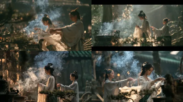 南宋两浙东路婺州金华，电影写实，16:9。2 名绝美汉族少女，关系宗教服务。香客少女约十九岁，温婉娴静，精致五官，白皙肌肤，灵动大眼，樱桃小嘴，自然红晕，乌黑长发梳高垂髻，银步摇轻颤，簪素色白梅绢花，穿藕荷色罗襦裙，月白纱罗褙子，衣袂飘飘。道观侍女少女约十七岁，神色肃穆，梳简洁道鬟，素木簪，穿浅灰素色道女襦衫。身份赤松山赤松宫香客少女、道观侍女。驱动元素道观香烛青烟。动作香客双手持香躬身拜谒，侍女侧身为香客递送香烛，手臂平伸。表情香客眉眼虔诚，侍女神色安宁恭谨。场景赤松山赤松宫黄大仙祠，石质香炉，缭绕香雾，古柏松柏。交通山间石阶步道。物产线香，青铜香炉。前景古柏低垂枝桠。光线殿宇檐角漏下柔和月光银辉，香烟流转细碎光斑。色彩香雾素白，殿宇青灰，衣装藕荷浅灰。材质青铜香炉，柏木，丝绸罗纱，青石地砖。故事线索香客少女来到赤松宫拜谒黄大仙，道观侍女侍奉香烛。严格历史考据，南宋风貌，宗教民族服饰细节合理推测。中全景，低角度仰拍，垂直构图。人物占画面四分之一。