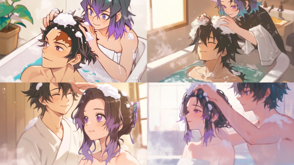 《鬼灭之刃》 【中文提示词】 角色为《鬼灭之刃》中的蝴蝶忍与富冈义勇；室内浴室场景，蒸汽与泡沫环绕。蝴蝶忍紫黑色短发、发梢淡紫，温柔微笑，双手为富冈义勇搓洗头发；富冈义勇深蓝黑色蓬松短发、蓝紫色眼睛，仰头放松，脸颊微红略显害羞。二人以浴巾与泡沫；白瓷浴缸、暖白墙面与柔和高光，水滴与泡泡细节可见。近景特写、半身构图，暖色柔光、浅景深与少量散景颗粒，温馨亲密氛围，动漫风、动漫截图感。masterpiece, best quality, highly detailed, soft lighting, warm atmosphere, depth of field, close-up, anime screenshot, cinematic look, 16k