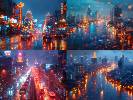 "泰国曼谷，未来科技风格，景点建筑，霓虹灯光，赛博朋克色调，雨夜街道，高耸寺庙融合全息投影，无人机飞行轨迹，广角镜头，低角度拍摄，动态模糊，金属质感，玻璃反射，高对比度，蓝紫色调，神秘感，现代与传统碰撞。"