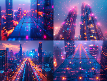 泰国曼谷未来科技风格，霓虹灯光下的景点建筑，广角镜头低角度拍摄，动态模糊金属质感与玻璃反射，高对比度蓝紫色调，神秘感与现代传统碰撞，赛博朋克元素，暗部细节丰富，城市天际线，冷色调主光与霓虹点缀，未来感与历史交融，超现实构图，强烈视觉冲击