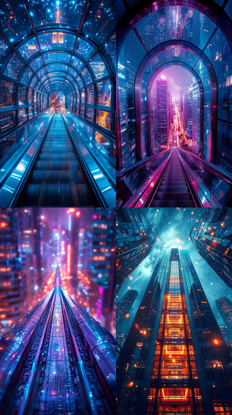 泰国曼谷未来科技风格，广角镜头低角度拍摄，动态模糊金属质感与玻璃反射，高对比度蓝紫色调，神秘感与现代传统碰撞，城市天际线，冷色调主光与霓虹点缀，未来感与历史交融，超现实构图，强烈视觉冲击，赛博朋克元素，镜面反射，光影交错，科技感建筑，高动态范围，低角度透视，金属光泽，霓虹灯细节，空间层次感，未来都市，神秘氛围