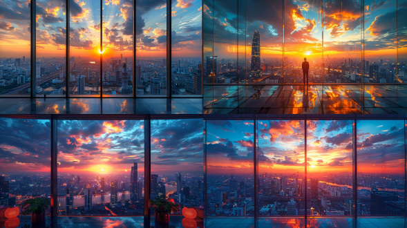 "王权云顶大厦，现代都市天际线，玻璃幕墙反射夕阳，摩天大楼耸立云端，俯瞰曼谷全景，金色与深蓝色天空，超广角镜头，低角度拍摄，长曝光，霓虹灯光轨迹，未来感，金属质感，冷色调与暖色对比，宁静而壮丽，城市脉动。"