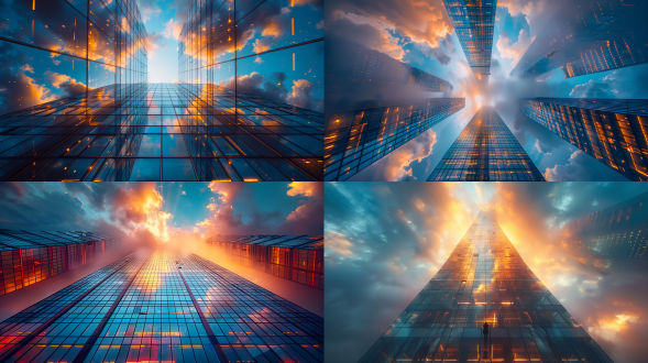 王权云顶大厦，现代都市天际线，摩天大楼耸立云端，金色与深蓝色天空，超广角镜头，低角度拍摄，长曝光，霓虹灯光轨迹，未来感，金属质感，冷色调与暖色对比，宁静而壮丽，城市脉动，玻璃幕墙反射，微光闪烁，极简构图，对称美学，动态模糊，城市剪影，科技感，大气透视