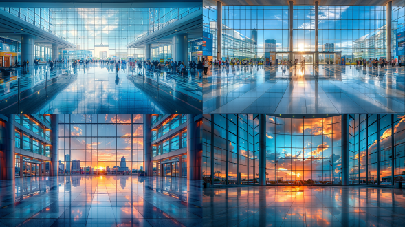 曼谷国际贸易展览中心（bitec），现代建筑全景，玻璃幕墙，几何线条，天空背景，广角镜头，低角度拍摄，对称构图，冷色调，自然光混合人工照明，繁忙展览场景，动态人群，商务氛围，未来感，清晰细节，高动态范围