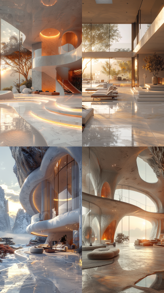 "未来科技智能家居，极简主义，开放式空间，玻璃与金属材质，柔和自然光，全景落地窗，清晨阳光，智能设备与家居完美融合，流畅线条，暖白色调，现代感，透明显示屏，悬浮家具，宁静舒适氛围，光线追踪，高细节，超现实风格。"