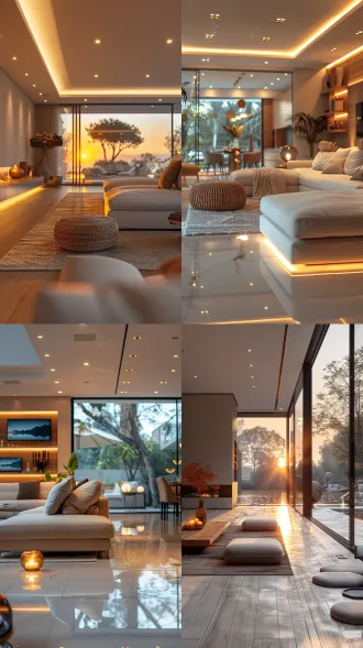 科技智能家居，极简主义，开放式空间，柔和自然光，智能设备与家居完美融合，流畅线条，暖白色调，现代感，透明显示屏，宁静舒适氛围，光线追踪，高细节